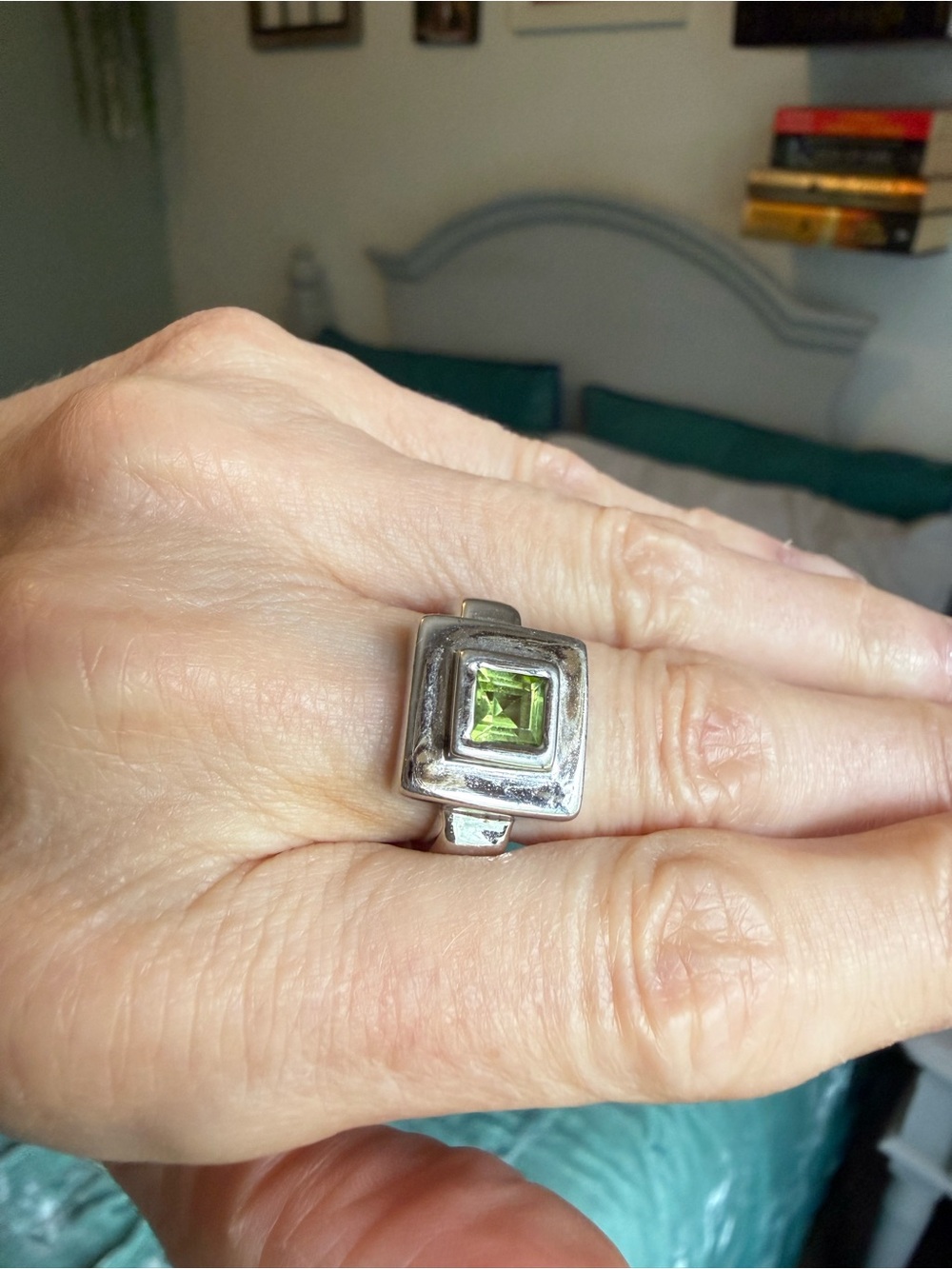 Sterling Silver Square Ring with Green Peridot Center- size 7